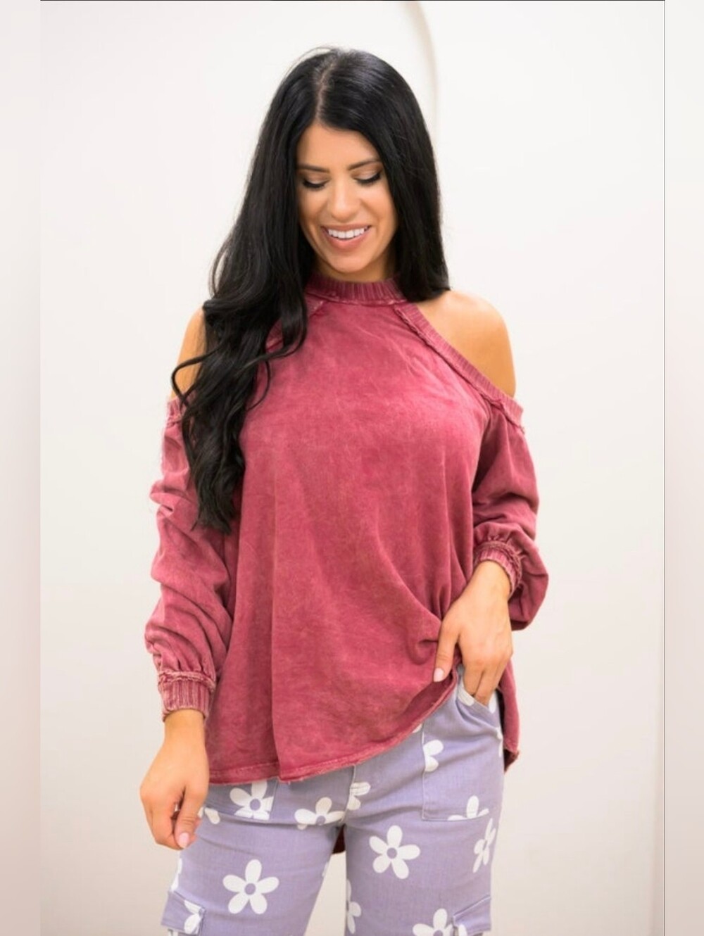 J Her Cold-Shoulder Washed Rose Pullover Sweater